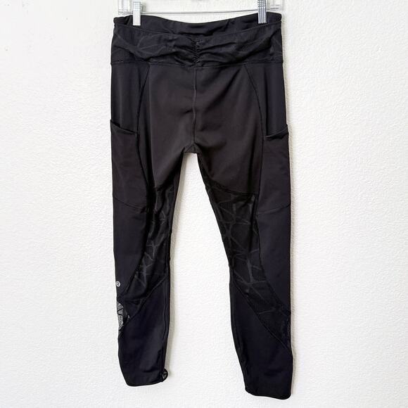 [Lululemon] Black Mid Rise Geometric Diamond Mesh Inlay Workout Leggings Size 10 - Picture 1 of 11